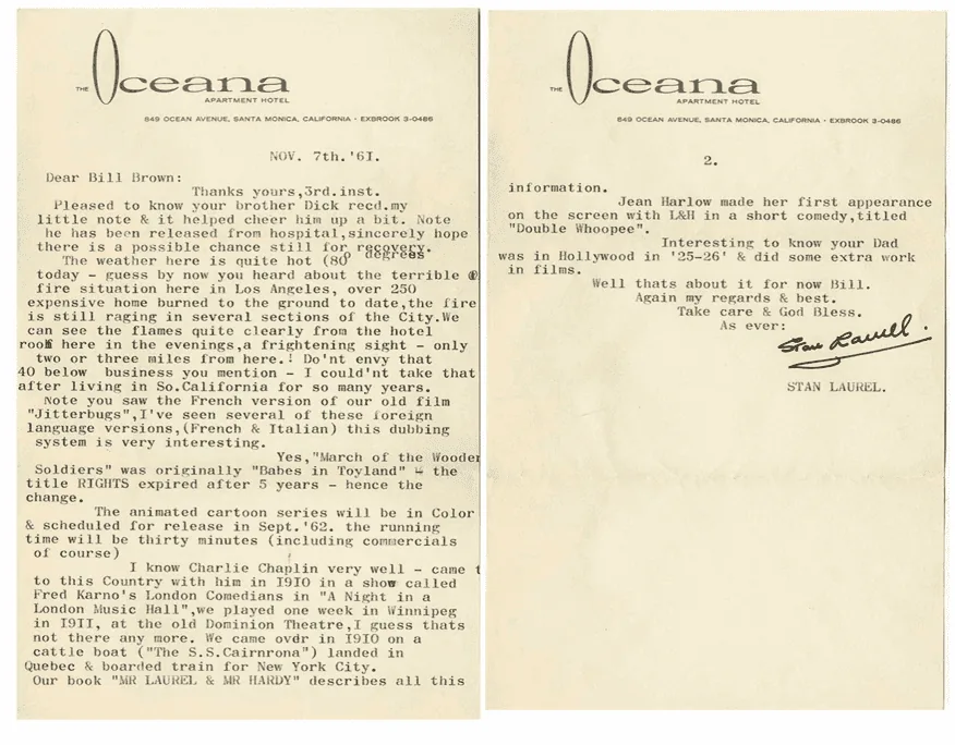 Letter typed by Stan Laurel, November 1961